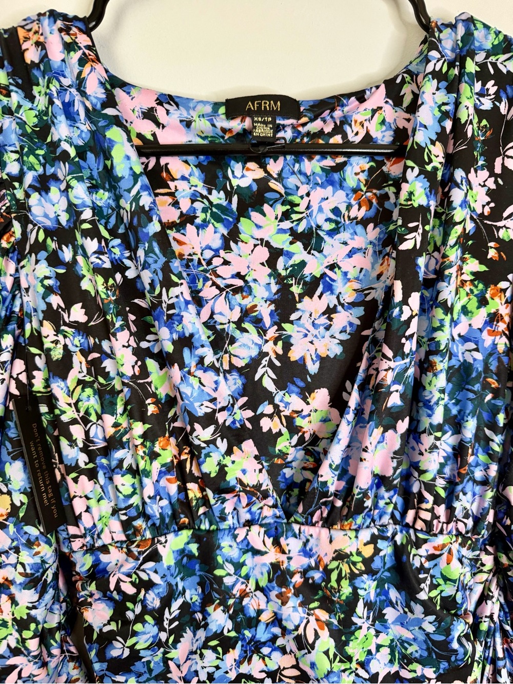 AFRM Black Floral V-Neck Puff Sleeve Mini Dress - Picture 3 of 4